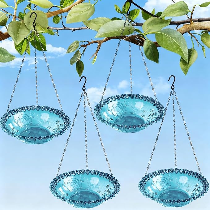 3-Tier Hanging Solar Bird Bath Fountain, Solar Pump Cascading Water Feeder with 16.4FT Extra Long Cord, Large Bird Bowl for Hummingbirds Wild Birds (4PCS-Bule)
