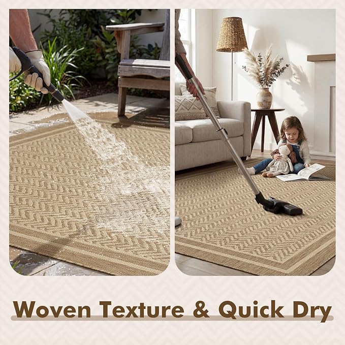 MontVoo-Outdoor Rug-Patio Rug 6x9 Polypropylene Indoor Outdoor Rugs Outdoor Carpet for Patio Deck Balcony Porch, Textured Weave, Durable for High Traffic, Fade-Resistant, Boho Farmhouse Neutral Brown
