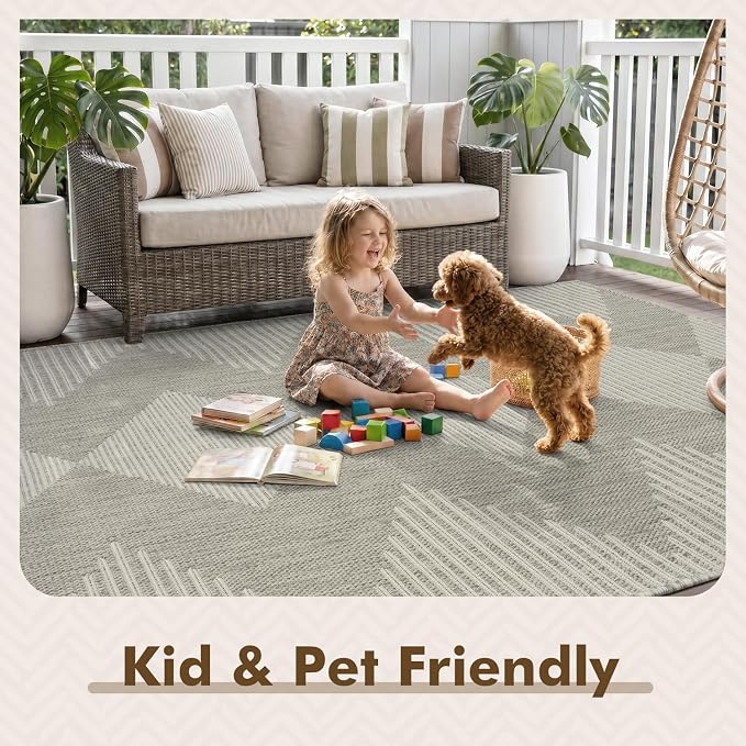 MontVoo-Outdoor Rug Carpet Patio Rug 4x6 ft Polypropylene Indoor Outdoor Rugs for Patio Deck Balcony Porch, Textured Weave, Durable for High Traffic, Fade-Resistant, Boho Geometric Silver Grey