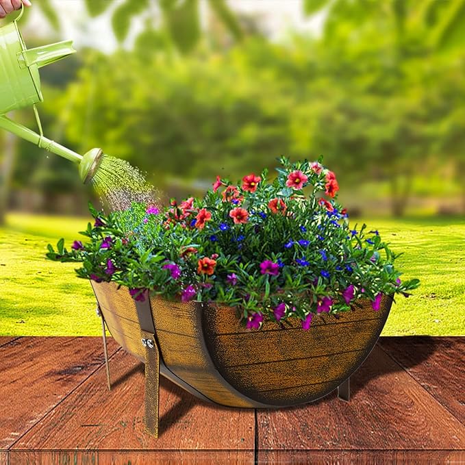 Aoutrow 15.43In 2 Pack Rustic Barrel Planters, Decorative Outdoor Garden Backyard Planter with Legs, Metal Flower Pot Half Barrel Planter Box, Brown