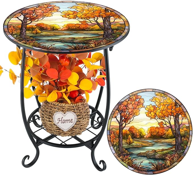 Cinnvoice Outdoor Side Table Round Small Mosaic Patio Accent Indoor End Plant Coffee Tea Table for Yard Patio Porch Garden Living Room, Bedroom(Fall Style,14 Inch)