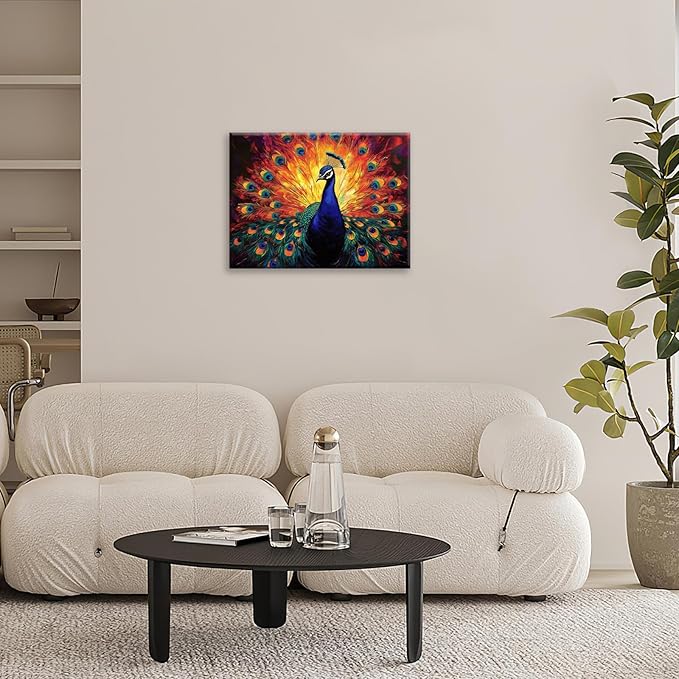 Peacock Wall Art, Elegance Peacock Pictures Wall Decor, Colorful Animal Canvas Prints Painting, Framed Artwork For Bathroom Living Room Office Bedroom Dining Room 16"X12"