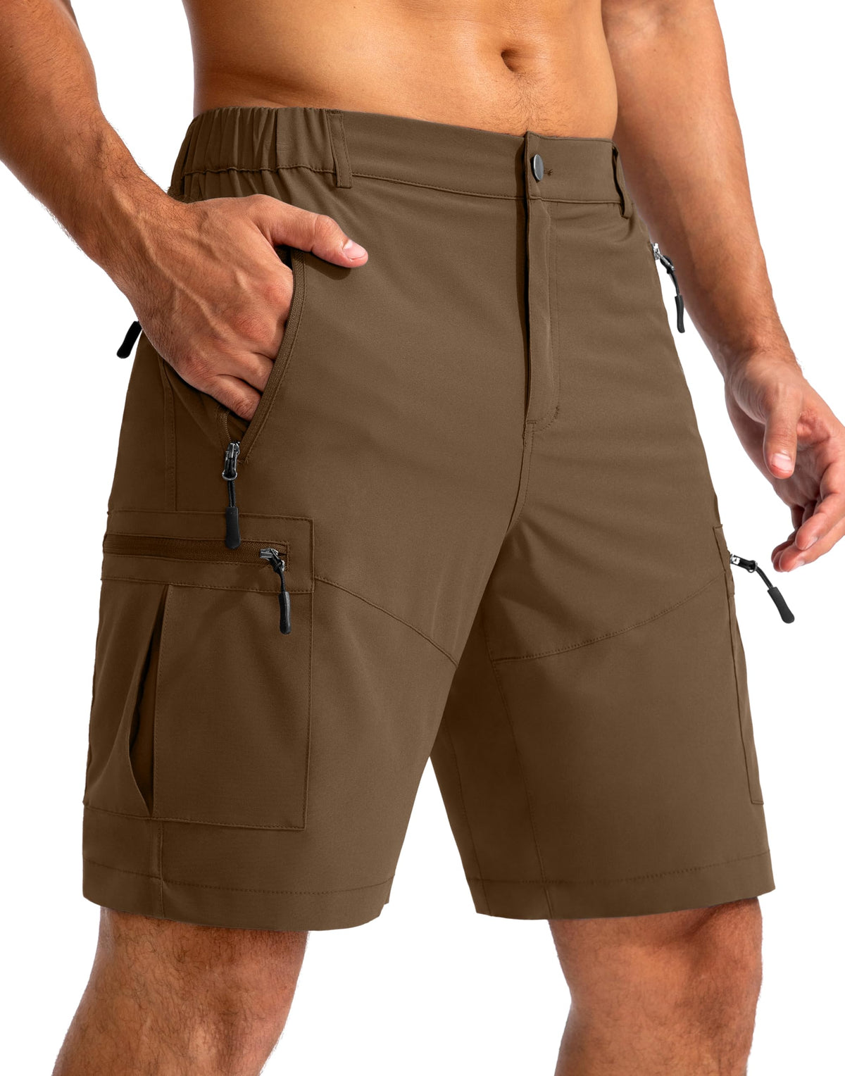 Pudolla Men's Hiking Cargo Shorts 9" Lightweight Outdoor Work Shorts for Men Travel Golf Camping Casual with 5 Zipper Pockets(Brown XX-Large)