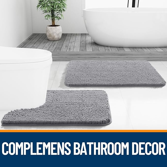 OLANLY Bathroom Rugs 24x16, Extra Soft Absorbent Chenille Bath Rugs, Rubber Backing Quick Dry, Machine Washable Bath Mats for Bathroom Floor, Tub and Shower, Home Decor Accessories, Grey