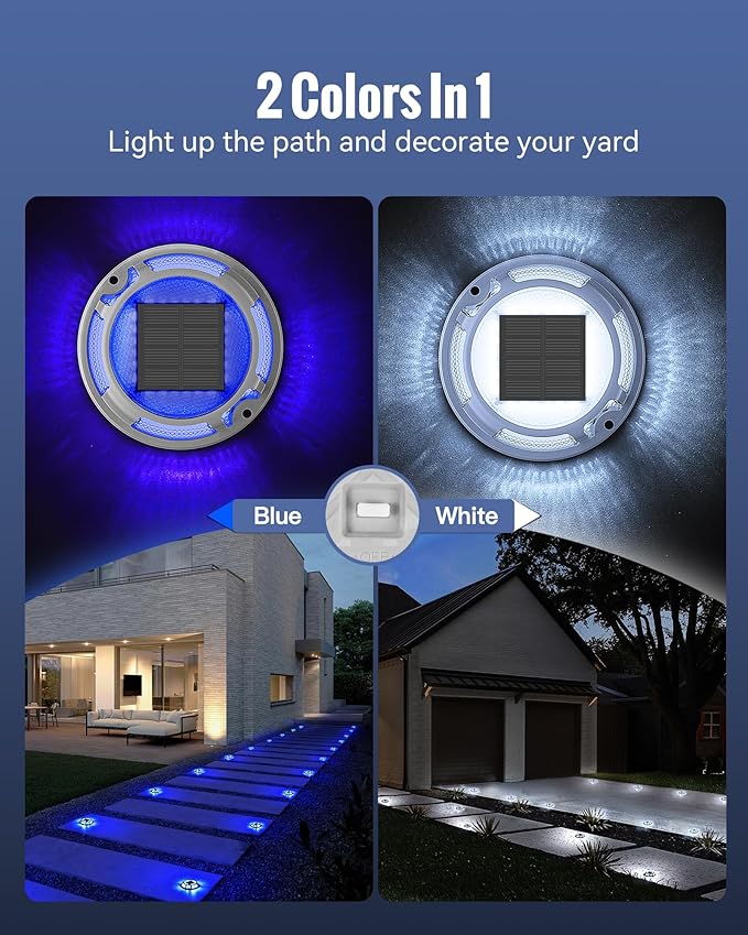 Solar Driveway Lights Dock Lights Waterproof 4 Pack, 2 Colors in 1, LED Solar Deck Lights for Outside, Solar Powered Ground Lights for Warning Driveway Stair Step Pathway(Blue & White)