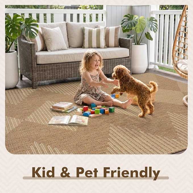 MontVoo-2x3 Outdoor Rug Porch Entryway Rug-Polypropylene Door Mat Indoor Outdoor Entrance Entry Rugs Kitchen Rugs, Textured Weave, Durable, Fade-Resistant, Non-Shedding, Boho Geometric Neutral Brown