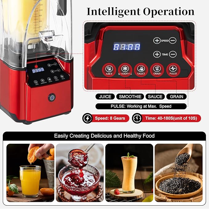 Commercial Blender with Soundproof Shield, Quiet Professional Blender, Intelligent Touch Buttons Countertop Smoothie Mixer, Adjustable Speed Smoothie Juicer