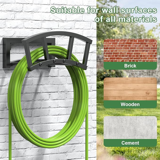 OLV Garden Hose Holder Wall Mounted, Outdoor Heavy Duty Metal Water Hose Holder Hanger Holds 125-ft Water Pipe, Sturdy Detachable Hose Storage Organizer Reel Rack for Outside Garden Lawn Yard Farm