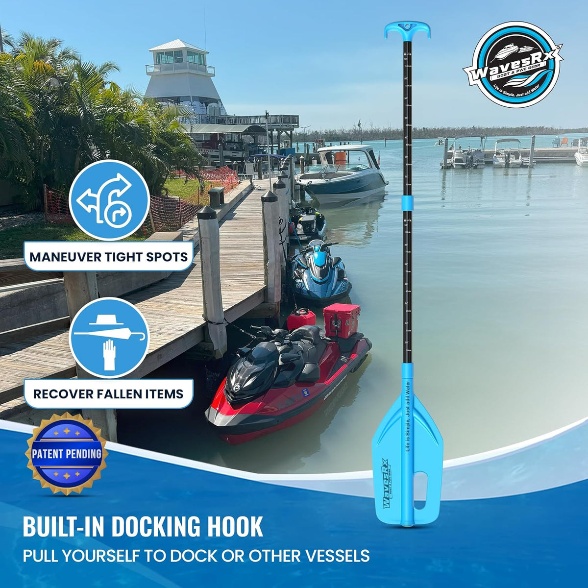 WAVESRX Telescoping Paddle - Adjustable 24" to 54" Emergency Oar with Docking Hook & Depth Gauge for Boating