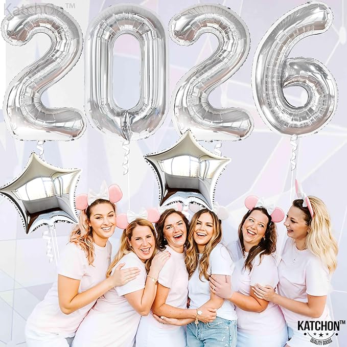 Katchon, Giant 2026 Balloons silver - 42 Inch | New Year Decorations 2026 | Star Foil Balloons for 2026 New Year Party Decorations