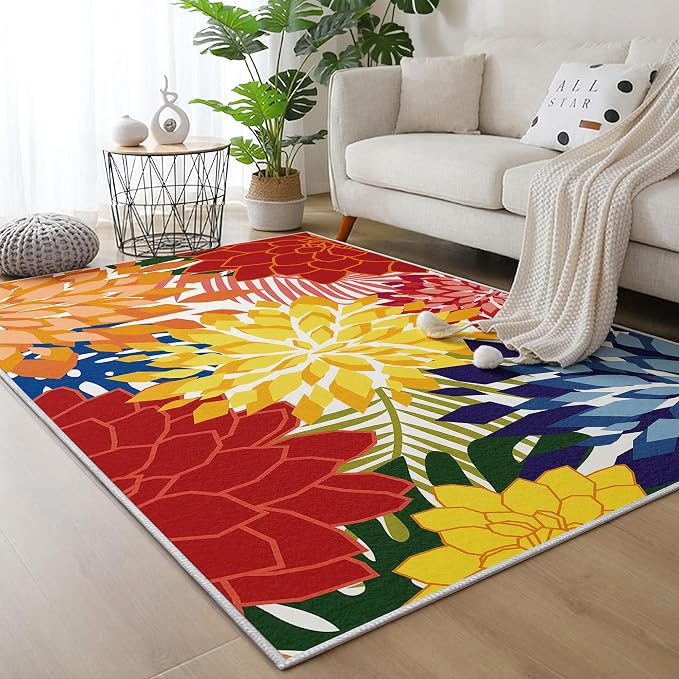 ZonLi Colorful Outdoor Rug 5x8Ft Waterproof Multicolored Indoor Area Rug Washable Outdoor Patio Rugs Tropical Floral Non Slip Outdoor Carpet for Living Room, Pool,Backyard,Deck,Camping