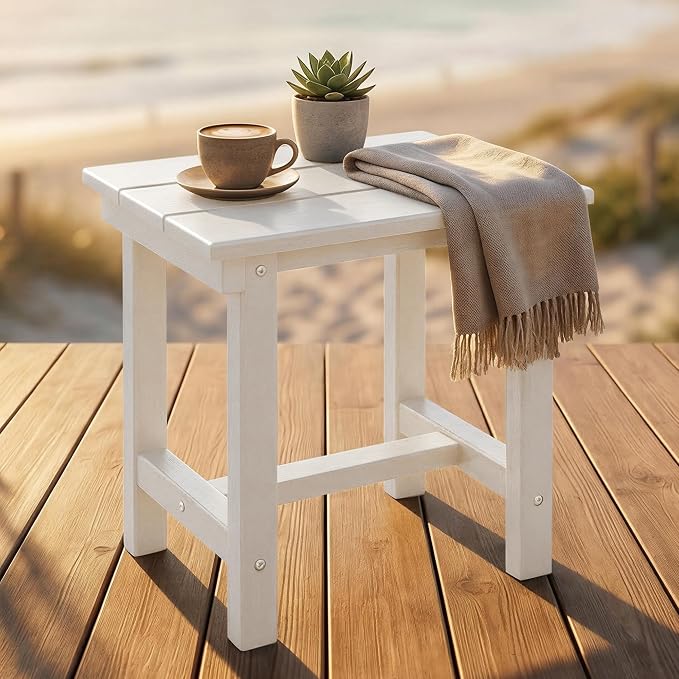 Furnimart Adirondack 16.5" Square Outdoor Side Table, Extra-Thick HDPE Composite Weather-Resistant Small Patio Table, White Outdoor End Table for Garden Balcony Yard Deck Poolside(White)