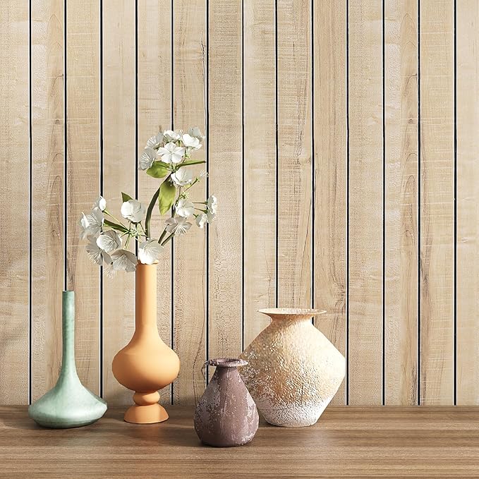VEELIKE Sand Oak Wood Slat Wall Panels Peel and Stick Faux Wood Panels