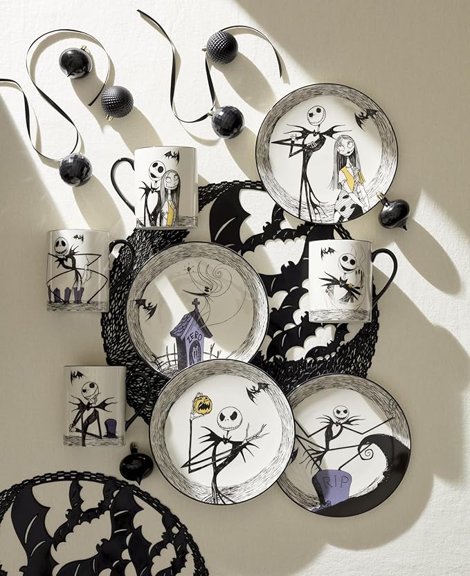 Lenox Dinnerware Set, Nightmare Before Christmas Accent Plates Set For 4, Jack Skellington, Halloween Decor Indoor, Porcelain, Dishwasher Safe, Microwave Safe, Halloween Dishes (White/Black, 4 Pieces)