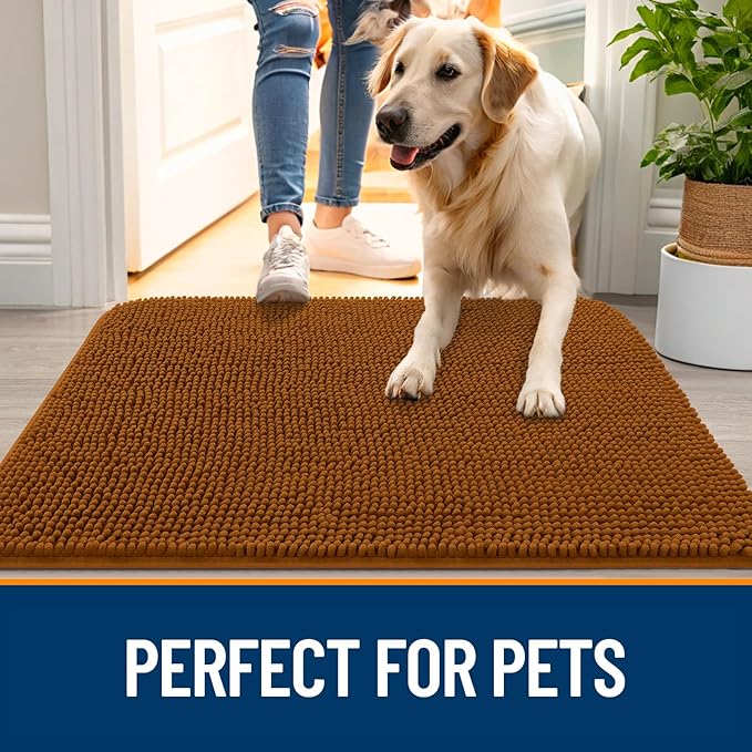OLANLY Dog Door Mat for Muddy Paws 44x24, Absorbs Moisture and Dirt, Absorbent Non-Slip Washable Doormat, Quick Dry Chenille Mud Mat for Dogs, Entry Indoor Entryway Carpet for Inside Floor, Ochre