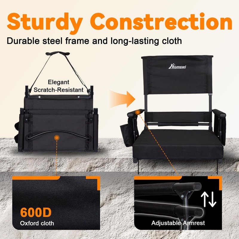 Romswi 2-Pack Stadium Seat with Height Adjustable High Back & Lumbar Support, 3" Thick Bleacher Chairs with 2 Height Adjustments, Armrests & Cup Holders, Comfortable & Portable, Black
