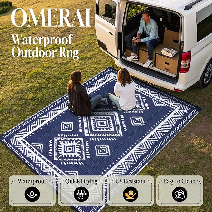 OMERAI Reversible Waterproof Outdoor Rug for Backyard,Plastic Textured Resistant Outdoors Rugs,Portable Washable Easy Cleaning Foldable Camping Beach Carpet for Patio Courtyard, 8'x10' Blue & White