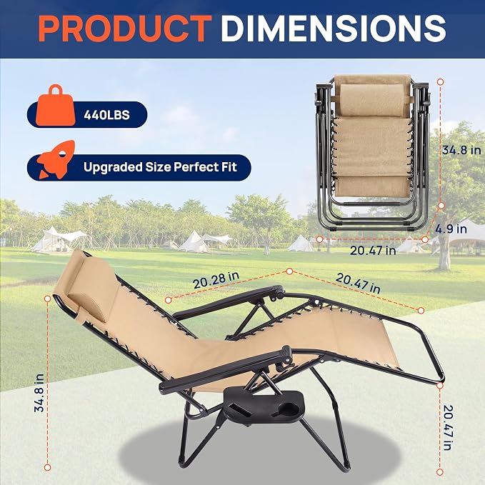 Alpen Set of 2 Outdoor Chairs, Lounge Chair with Cup Holder, Grey Foldable Tanning Chair for Poolside Patio Backyard and Outdoor Camping, Khaki