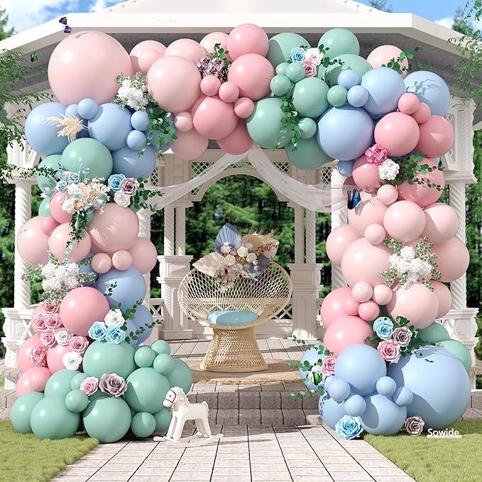 Pink Blue Green Balloon Arch Kit, 122Pcs Dusty Light Pink Baby Blue Green Pastel Balloons for Kids Girl Baby Shower Bridal Wedding Engagement Spring Birthday Flower Party Decorations