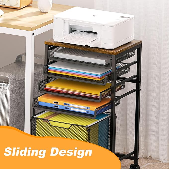 Rolling File Cart 5-Tier, Under Desk Cabinet with Sliding Metal Mesh Trays for Binder Storage, Utility Cart Printer Stand with Wheels for Letter-Size File Storage, for Office & Homeschool Organization