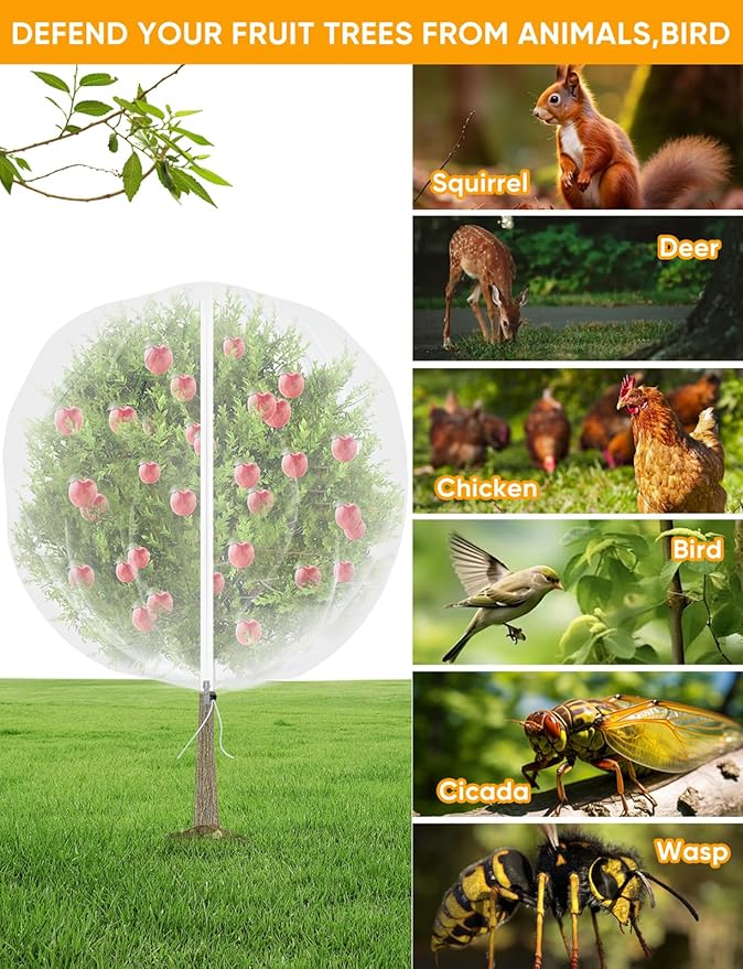 VITI Fruit Tree Netting for Cicadas - with 2Pcs 6Ftx5.3Ft Zipper&Drawstring Protection for Your Fruit Trees Garden Bird Netting Covers Blueberry Bush Tomato Bug Plant Protection Cherry Apple Tree