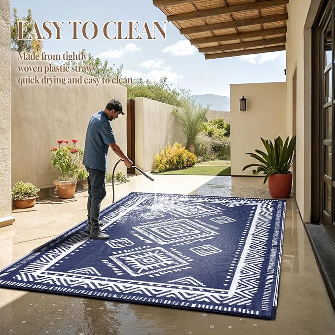 OMERAI Reversible Waterproof Outdoor Rug for Backyard,Plastic Textured Resistant Outdoors Rugs,Portable Washable Easy Cleaning Foldable Camping Beach Carpet for Patio Courtyard, 5'x8' Blue & White