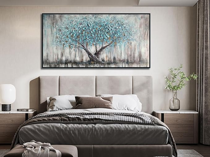 Arjun Framed Blue Tree Canvas Wall Art for Living Room Tree of Life Abstract Bedroom Textured Painting, Nature Picture Panoramic Landscape Artwork Home Office Decor, Black Wood Large 48"x24"