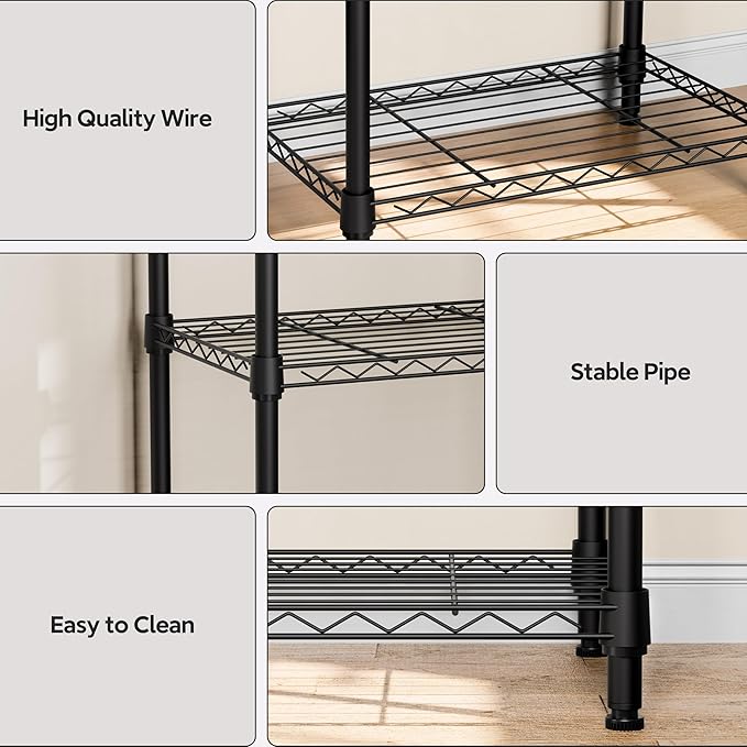 5 Tiers Shelf Metal Storage Shelves Wire Rack Closet Organizers with Wheel for Garage Kitchen Bathroom Laundry Black 11.8" D x 17.7" W x 55" H