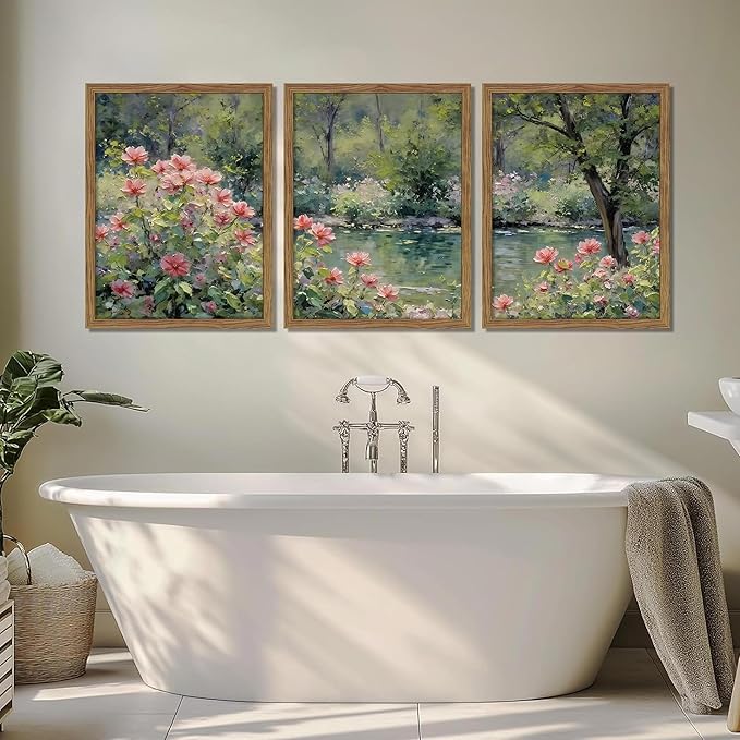 Framed Monet Wall Art Set of 3, Impressionist Botanical Floral Canvas Wall Decor