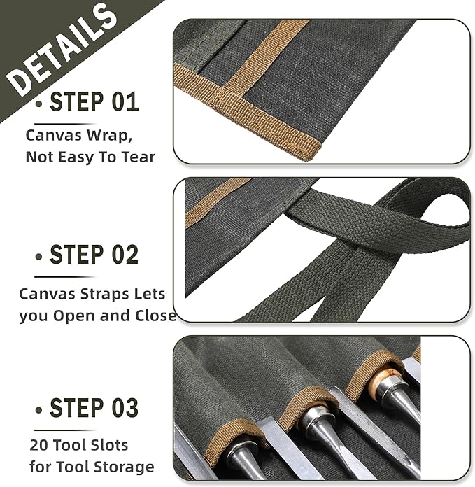 Wrench Roll Up Pouch (20 Slots), Portable Carry On Pouch Workshop Storage Woodworking Tools Organizer Bag Waxed Canvas Tool Roll & ArmyGreen