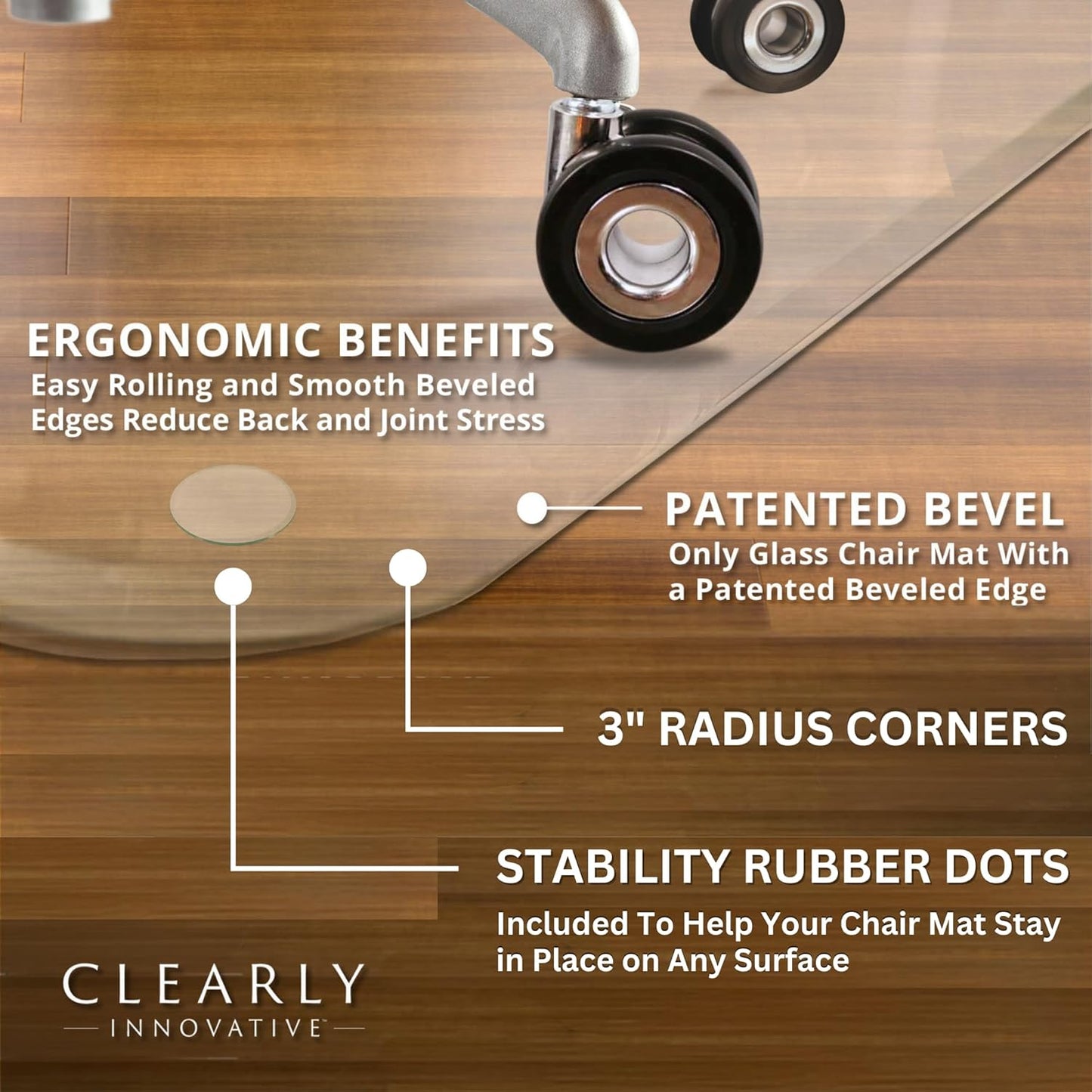 Exclusive Patented Beveled Edge Glass Chair Mat for a Smooth Glide and Easy Roll On/Off by Clearly Innovative, Ultimate Office Chair Mat for Carpet or Hardwood Floor, 48x60