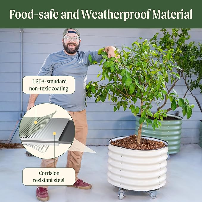 Rolling Metal Citrus Tree Planter Pot, 21″ Round Planter Box for Porch Patio & Backyard, 20 Gallon Large Planter Pot with Wheels for Growing Olive Trees Tomatoes Vegetables Flowers, 2 Pack Modern Gray