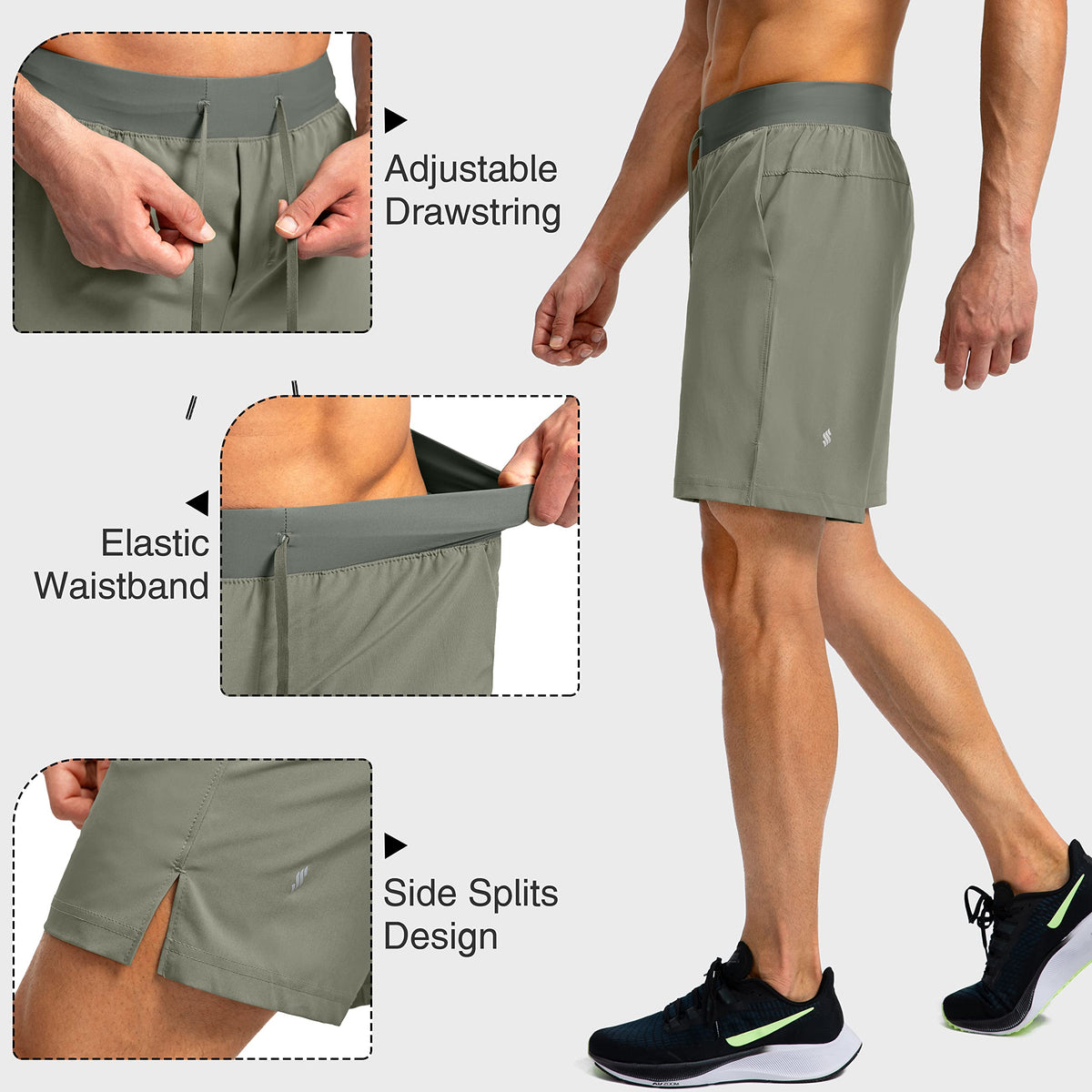 Men's Running Shorts with Zipper Pockets 7 Inch Lightweight Quick Dry Gym Athletic Workout Shorts for Men (Green Sage, X-Large)