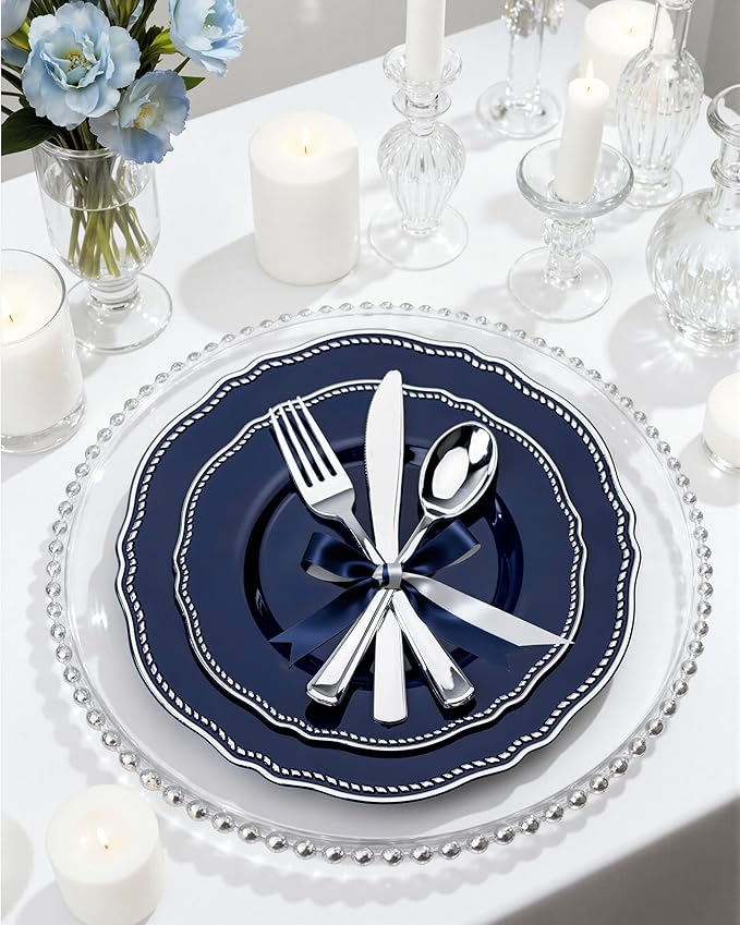 Hioasis 350pcs Blue Silver Plastic Plates - Silver Plastic Dinnerware Set Includes 50 Dinner Plates, 50 Dessert Dinnerware, 50 Cups, 50 Napkins Perfect for Wedding & Party