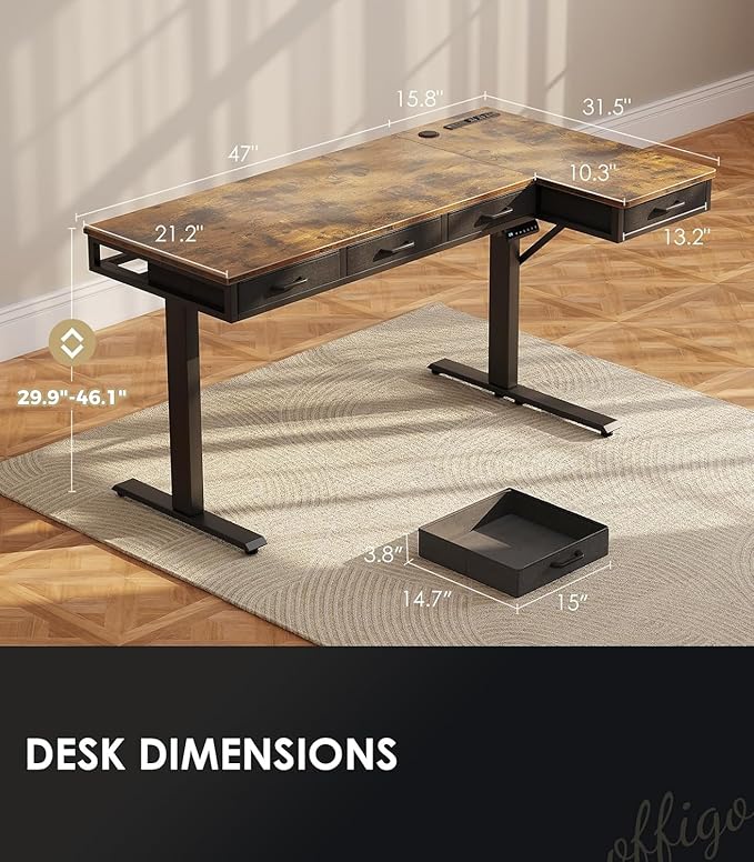 OffiGo 63 Inch L Shaped Electric Standing Desk with Drawers, Height Adjustable Large Desk with Power Outlets, Sit Stand Table, Writing Computer Desk for Home, Office, Workstation, Rustic Brown