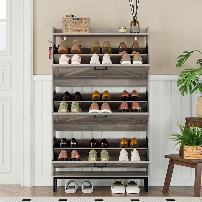 Shoe Cabinet with 3 Flip Drawers Narrow Shoe Storage Cabinet Organizer Wooden Freestanding Shoe Rack Hidden Slim Shoes Storage Cabinet for Entryway, Hallway, Living Room, Bedroom
