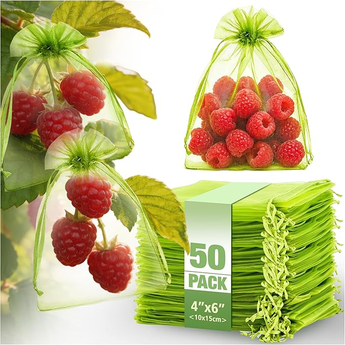 50 Pcs Drawstring Fruit Protection Bags, 4×6 Inch Green Mesh Fruit Net Covers, Anti-Bird Anti-Insect Garden Protective Bags for Fruit Tree, Tomato, Strawberry, Apple, Cherry, Grapes and Vegetables