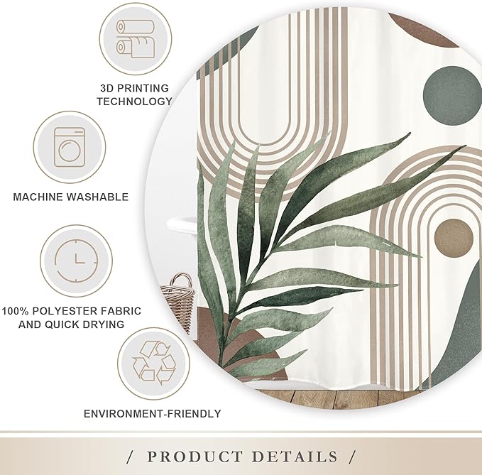 Glawry Boho Shower Curtain Extra Long Mid Century Abstract Plant Palm Leaves Modern Arch Bathroom Minimalist Geometric Aesthetic 72Wx84L Inches Bath Accessories Art Home Decor Fabric 12 Pack Hooks