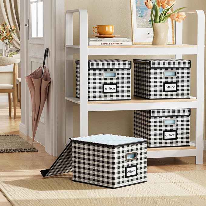 Huolewa Decorative Collapsible File Storage Organizer Boxes with Lids, Hanging Filing & Storage Boxes for Office/Decor/Home, Filing System for File and Folders Storag - (Black & White Lattice)