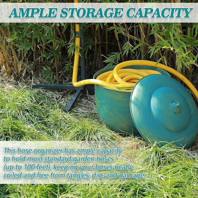Vintage Blue Metal garden Hose Holder Storage Pot with Sunflower Decor,Holds up to 100ft Hoses.