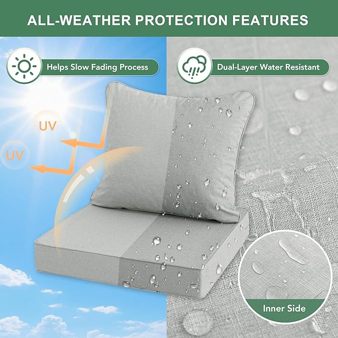 Summsun Patio Cushions for Outdoor Furniture, Faux Linen Water Resistant Backrest and Seat Cushion Set with Non-Slip Bottom, Straps, Removable Cover, 19 x 19 Inch, Light Grey, Set of 2