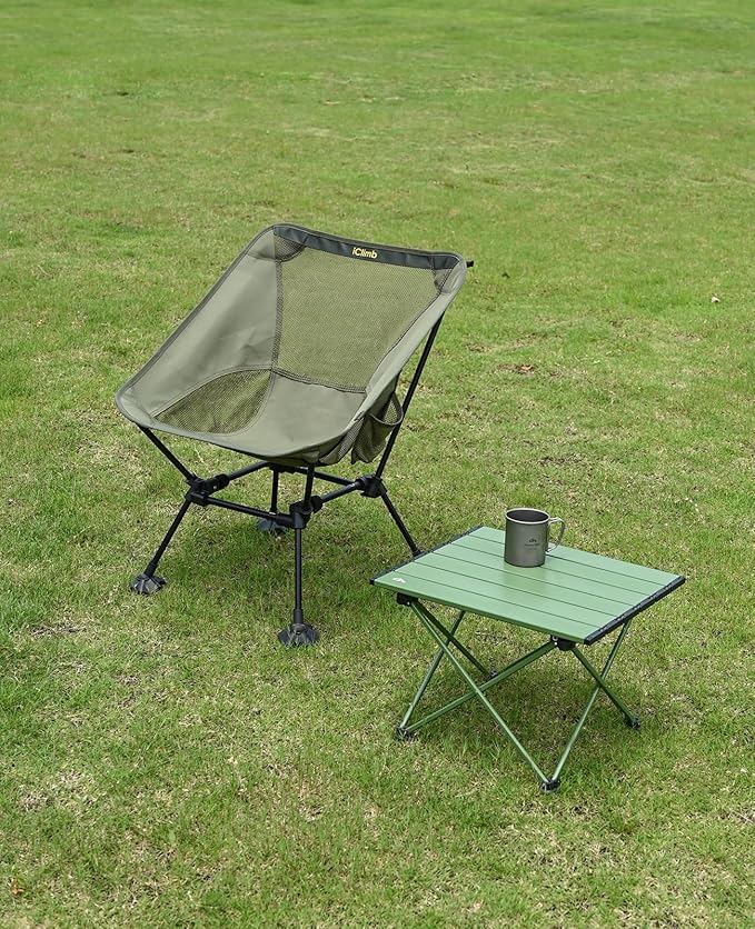 iClimb Ultralight Compact Camping Folding Beach Chair with Anti-Sinking Large Feet and Back Support Webbing (Green - Square Frame - 2PC)