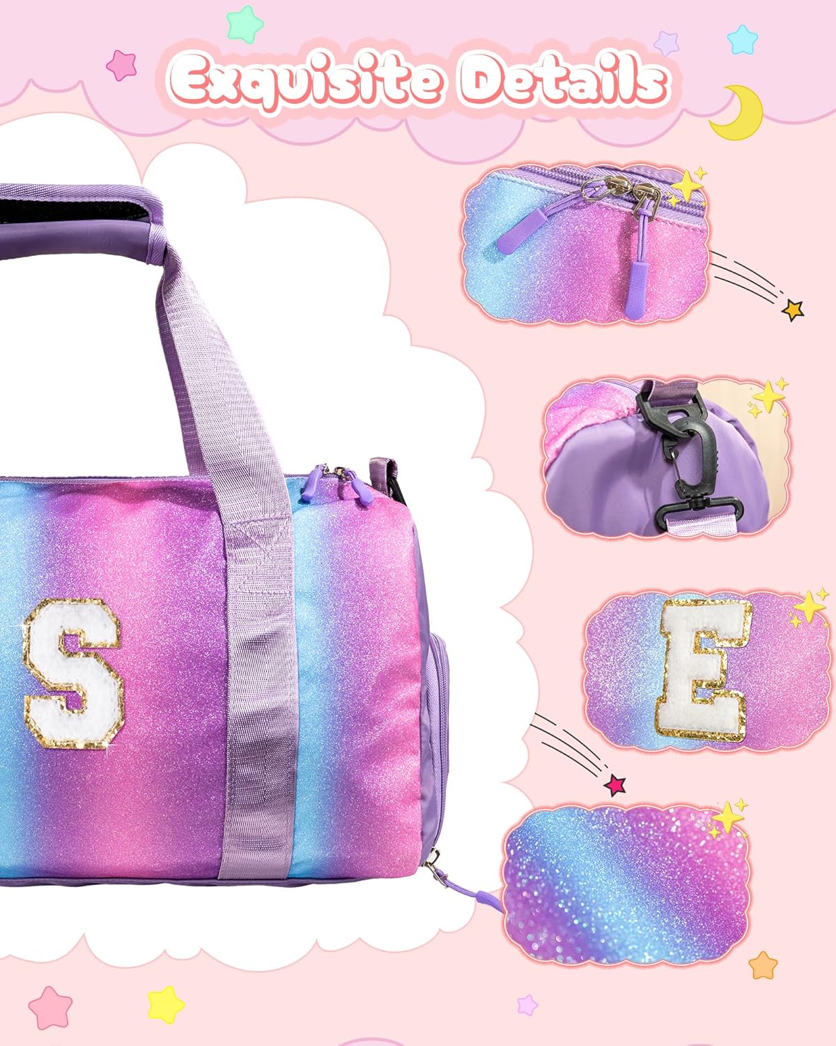 Skiennix Personalized Gym Bag for Girls - Stylish Weekender with Shoe Compartment & Makeup Pouch | Ages 4-11 (Letter A)