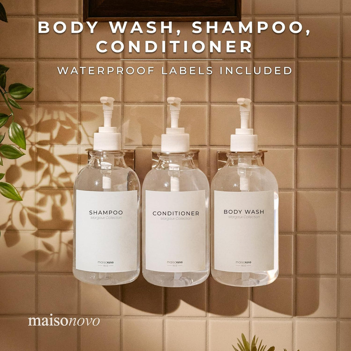 MaisoNovo Shampoo and Conditioner Dispenser - Shower Soap Dispenser Wall Mounted - 16.9 fl oz Set of 1 Clear Plastic Bottles White Pump - 1 Chamber No Drill