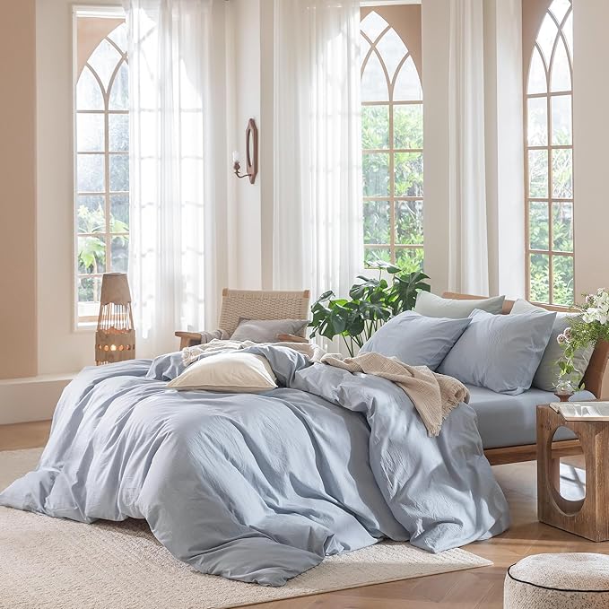 MooMee Bedding Duvet Cover Set 100% Washed Cotton Linen Like Textured Breathable Durable Soft Comfy (Heathered Cornflower Blue, Oversized King Plus 128"x120")