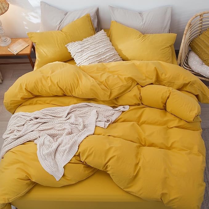 MooMee Bedding Duvet Cover Set 100% Washed Cotton Linen Like Textured Breathable Durable Soft Comfy (Solid Yellow, Cal King 104"x98")