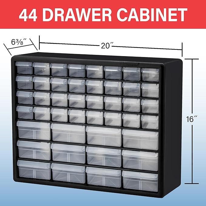 Akro-Mils 44-Drawer Plastic Drawer Storage Cabinet for Garage Organization, Bead Organizer, Building Bricks Storage, Teacher Toolbox, Makeup Organizer, 20" W x 6" D x 16" H, 10144 Black