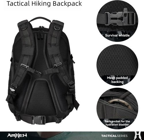 AMHEH 32L Tactical Backpack - MOLLE Design with Suspended 17" Laptop Compartment | Ideal for Work, Travel & Emergencies (Black)