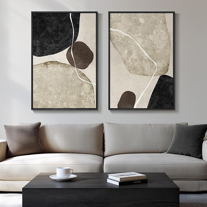 Large Framed Neutral Abstract Wall Art Set of 2, Modern Black Beige Brown
