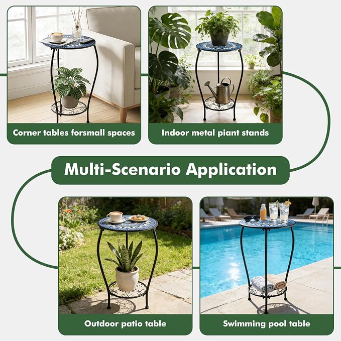 Two-tiered 13 Inch Metal Round Side Table Set of Two Small Black Outside End Table for Patio Round Accent Garden Corner Stand for Small Spaces Weather-resistant Outdoor Coffee Table for Balcony